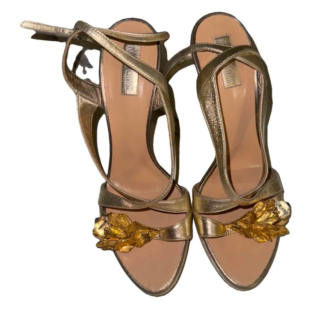 Roberto Cavalli Gold Strappy Heels with Ornate Embellishment
